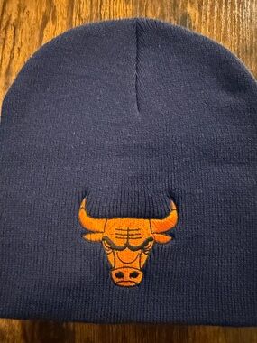 Navy Blue Beanie Hat with Orange Bull Logo